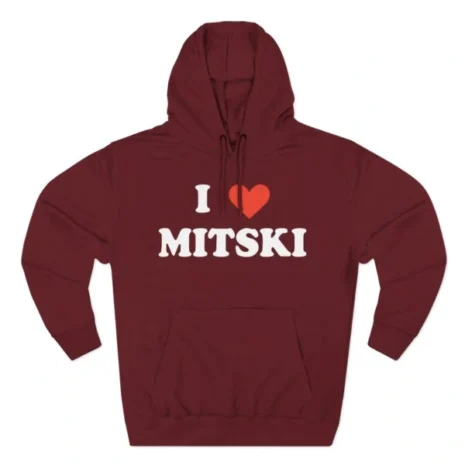I Love Mitski Three-Panel Fleece Hoodie Burgundy I Love Mitski Three-Panel Fleece Hoodie Burgundy