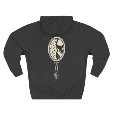 Mitski the Land Letterman Three-Panel Fleece Hoodie Charcoal Heather Back Side Mitski the Land Letterman Three-Panel Fleece Hoodie Charcoal Heather Back Side