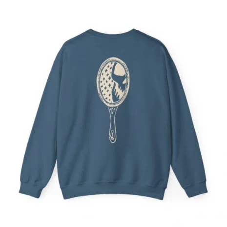 Mitski the Land Letterman Unisex Heavy Blend™ Crewneck Sweatshirt Indigo Blue Back Side Mitski the Land Letterman Unisex Heavy Blend™ Crewneck Sweatshirt Indigo Blue Back Side